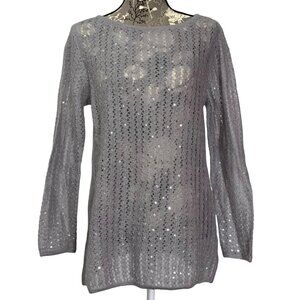 CHELSEA CAMBELL Mohair Blend Sheer Sequins Sweater Side Slits Boat Neck SIZE S